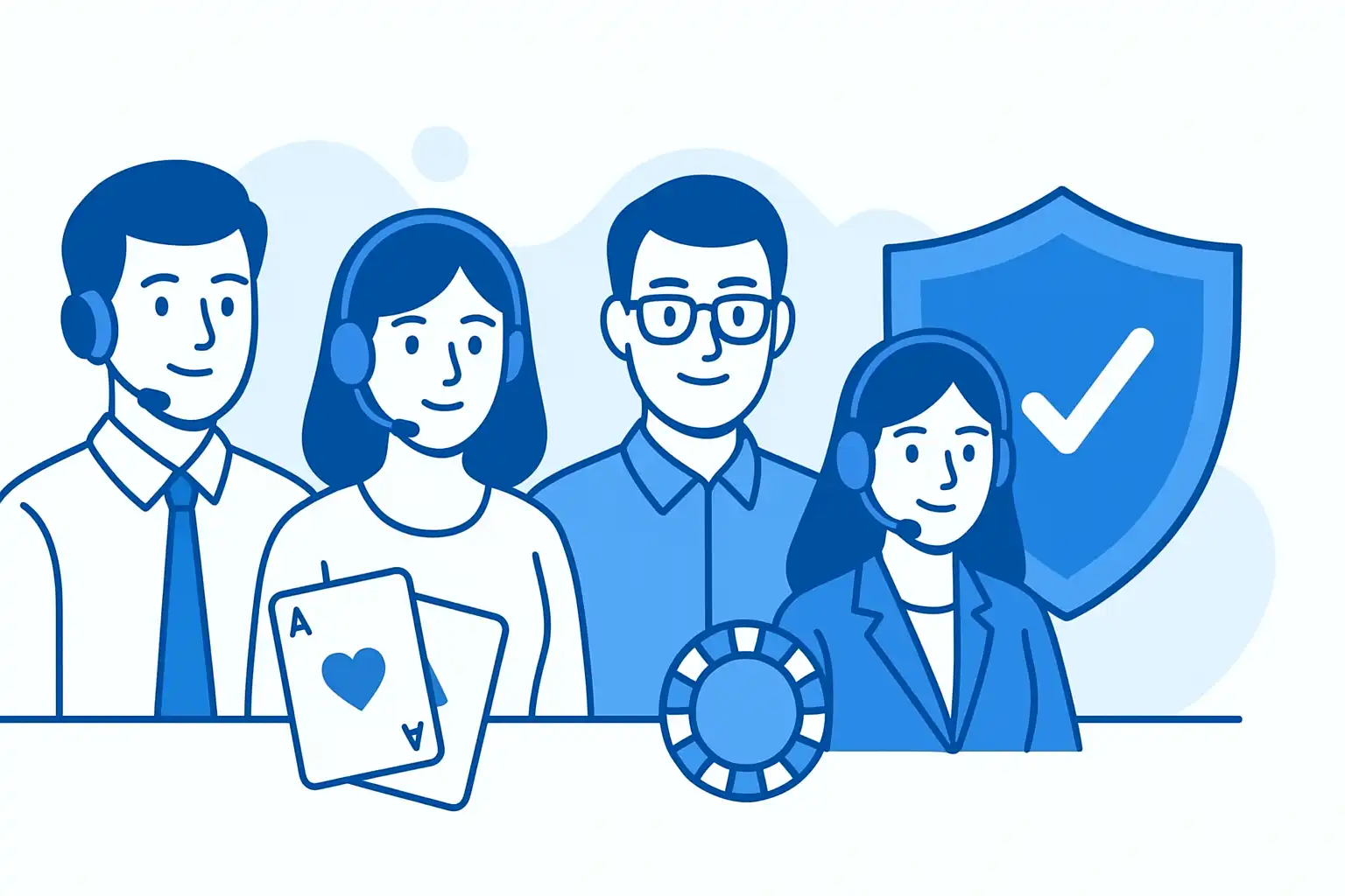 Illustration of a trustworthy casino team standing behind a security shield icon