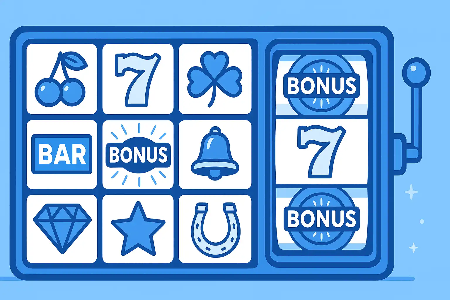 Grid of colorful online slot machine icons glowing with bonus symbols